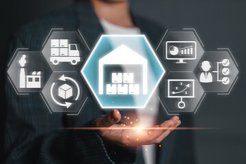 A businessman presenting digital icons representing the stages of Product Lifecycle Management, including logistics, production, and strategy.