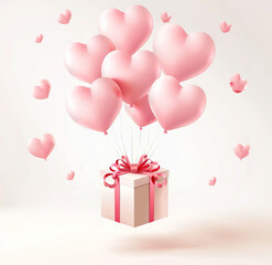 Romantic float of a gift box adorned with love-filled balloons, a pastel and soft-lit vector art masterpiece