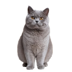 Obraz premium Gray British Shorthair cat sitting and looking forward. Studio pet portrait isolated on transparent background. Feline and animal concept for design and print.