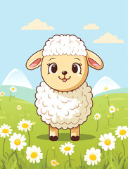 Naklejka premium Cute cartoon vector illustration of an adorable sheep standing in the grass, surrounded by daisies and hills with a blue sky background