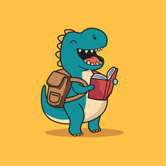 Cute dinosaur with backpack laughing while reading story book cartoon vector illustration