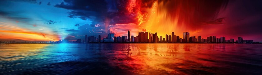Fototapeta premium Stunning Urban Skyline at Sunset with Vibrant Colors Reflecting on Calm Water