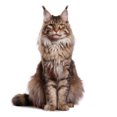 Obraz premium Maine coon cat with long fur sitting and looking forward. Studio pet portrait isolated on transparent background. Feline and animal concept for design and print.