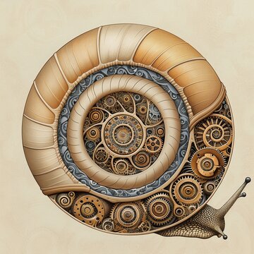 A snail shell, with intricate steampunk gears and mechanisms inside, Steampunk, Illustration, Sepia tones