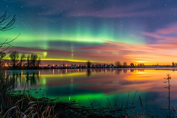 Aurora Borealis Reflection Over a Frozen Lake