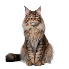 Maine coon cat with long fur sitting and looking forward. Studio pet portrait isolated on transparent background. Feline and animal concept for design and print.