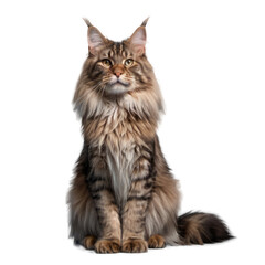 Maine coon cat with long fur sitting and looking forward. Studio pet portrait isolated on transparent background. Feline and animal concept for design and print.