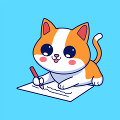 Cute cat writing on paper cartoon vector illustration