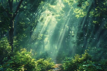 Obraz premium Sunlight streaming through dense forest canopy, illuminating lush greenery and creating a serene and magical atmosphere in a peaceful woodland setting.