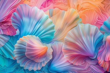 Abstract seashell patterns intertwined with AIgenerated holographic designs, Psychedelic, Digital, Bright colors