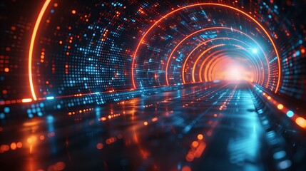 Obraz premium Particle tunnel, Server data center, Internet, Speed, Future big data high tech background, Science fiction virtual reality technology, Metaverse virtual space view