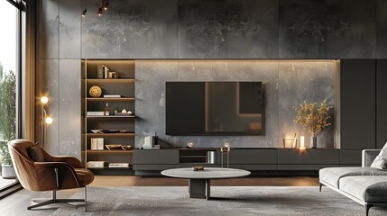 Minimalist Glass Entertainment Unit in Modern Home Mockup with 3D Rendering