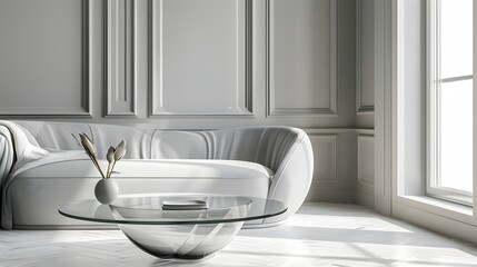 Fototapeta premium Minimalist Glass Sofa Table in a Modern Living Area Home Mockup