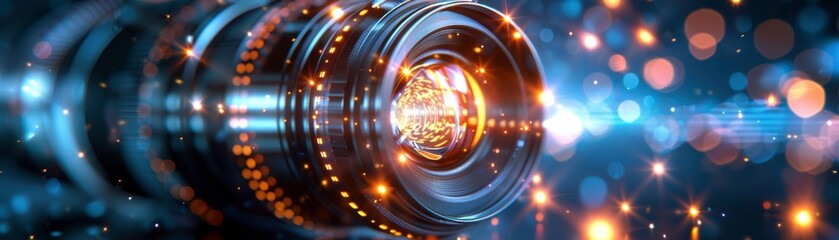 Fototapeta premium Close-up of a camera lens with intricate reflections and bokeh light effects, depicting modern photography and optical technology.