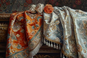 Elegant draped fabrics with floral patterns, showcasing intricate designs and luxurious textures in vibrant and pastel colors.