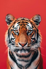 Fototapeta premium Close-up portrait of a majestic tiger against a solid orange background, showcasing its striking stripes and intense gaze.