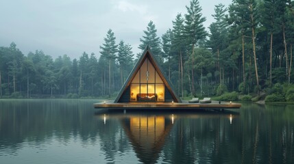 Obraz premium A-Frame Cabin on a Still Lake in a Forest