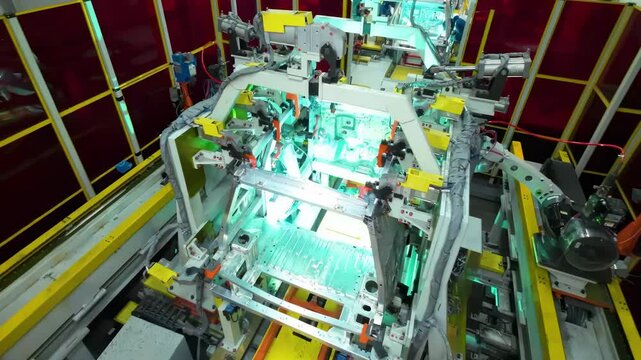 Robot arm inspecting an automobile assembly line works in a factory that assembles lithium or sodium batteries used in cars or electric vehicle.
