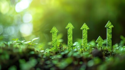 Green and sustainable development in the business sector, showcasing upward arrows symbolizing the growth and positive impact of environmental, social, and governance (ESG) practices.