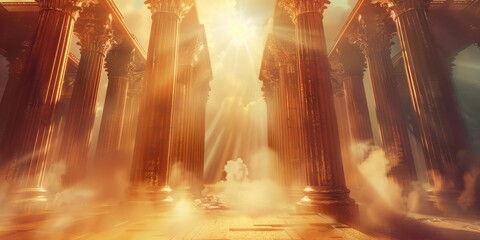 Obraz premium Majestic Sunlit Ancient Temple with Radiant Light and Mystical Atmosphere
