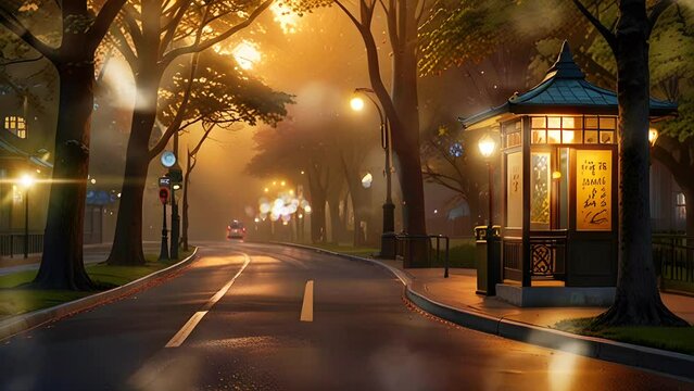 Evening view of a quiet city with lush trees and a bus stop on the side of the road, in a smooth looping background with animated 4K video.
