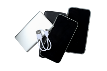 PNG,Power bank with a smartphone, isolated on white background
