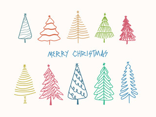 Obraz premium Merry christmas hand drawn christmas trees vector. Holidays greetings ornament