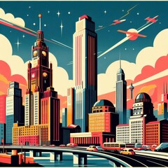 Fototapeta premium beautiful illustration art of a city with airplane on the air 