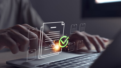 document management concept People use laptop to do paperless online approvals for business...