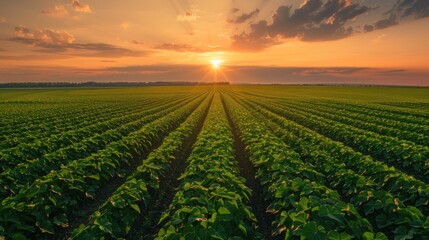 Sunset Over Rows of Crops in a Lush Field