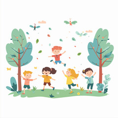 Cute and fun illustration of children playing in the rain style flat vector design isolated white background .