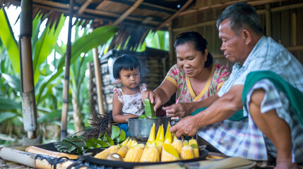 A Filipino family, including an elderly couple and a young child, preparing food together in an outdoor setting