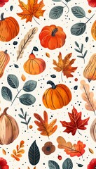A seamless pattern featuring pumpkins, leaves, and autumnal elements on a white background.  Perfect for fall projects.