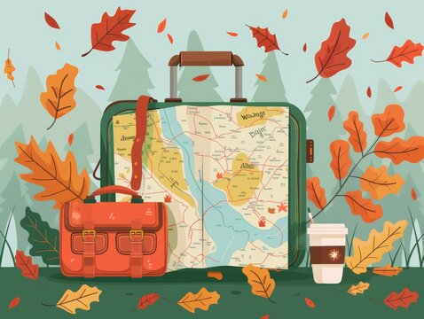 A suitcase, backpack, coffee cup and map surrounded by autumn leaves.  Perfect for travel and adventure themes.