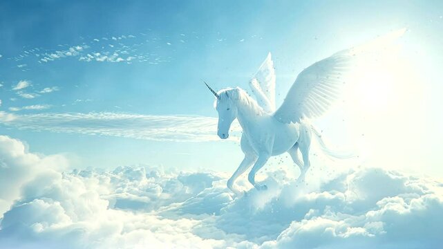 Pegasus Unleashed: Behold the Mystical Airborne Odyssey of Winged Steeds. Seamless looping time-lapse virtual 4k video animation background