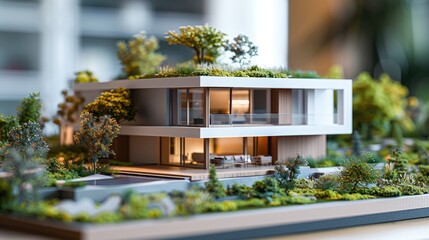Model of a house with a green roof and a garden. The house is white and has a lot of windows