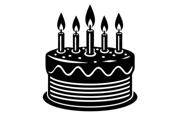 A festive birthday cake with lit candles linocut vector art illustration