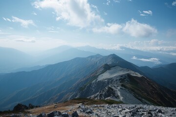 A crystal-clear view from the top of a mountain, where you can see for miles in every direction without obstruction, Generative AI 