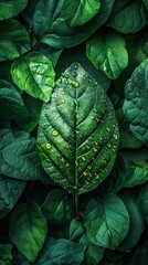 Fototapeta premium Close-up of a vibrant green leaf covered in water droplets, nestled among other lush foliage in a forest setting.