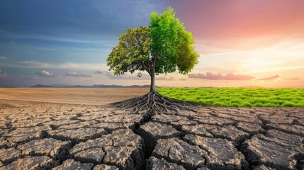 Solitary Tree on Cracked Earth Contrast with Lush Grassland under Sunset Sky