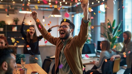 A young manager celebrates a project milestone with colleagues in a modern office with games and relaxation spaces.