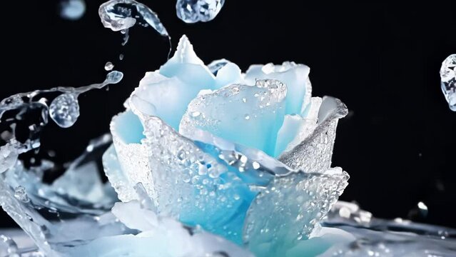 Blue rose immersed in swirling liquid nitrogen. Delicate frost patterns form on petals. Crisp ice crystals cover vibrant blue flower. Dramatic shattering captured mid-action. 
