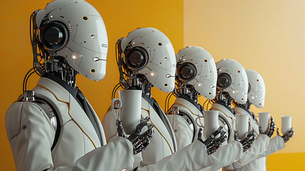 Fototapeta premium Human Robot Bankers Drinking Giant Cups of Coffee