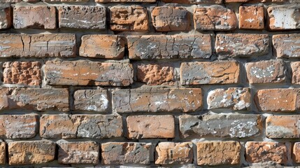 Fototapeta premium A detailed view of a brick wall, highlighting the rough, aged texture and the variations in the bricks and mortar