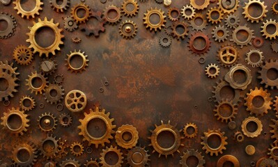 Assorted Vintage Metal Gears on Rustic Brown Surface Background. Horizontal banner with copy space