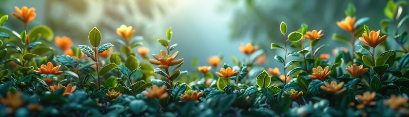 Fototapeta premium Enchanting garden scene with vibrant orange flowers, lush green leaves, and soft sunlight creating a serene natural atmosphere.