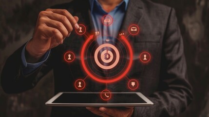 Businessman Using Tablet with Virtual Target and Connection Icons Concept