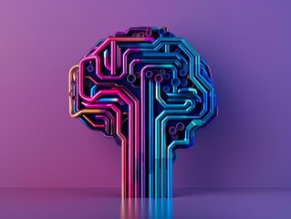Futuristic Neon Circuit Brain Illustration on Purple Gradient Background
