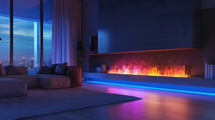 Modern Living Room with Cozy Fireplace and City View