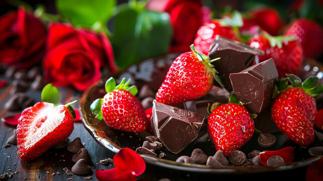 Fresas frescas con trozos de chocolate y p&eacute;talos de rosa